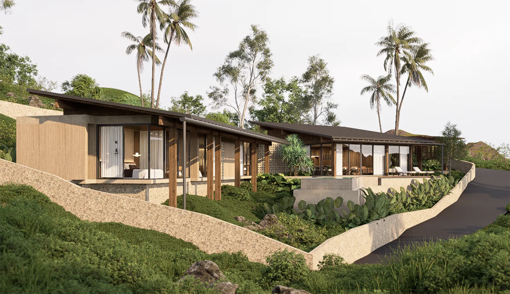 Tropical architecture in Bali surrounded by lush greenery